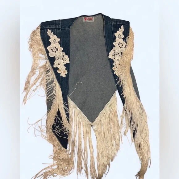 VTG Wanted by Beads 3-Pc Denim Set - Large - Fringe & Lace - Western Boho - Picture 5 of 8